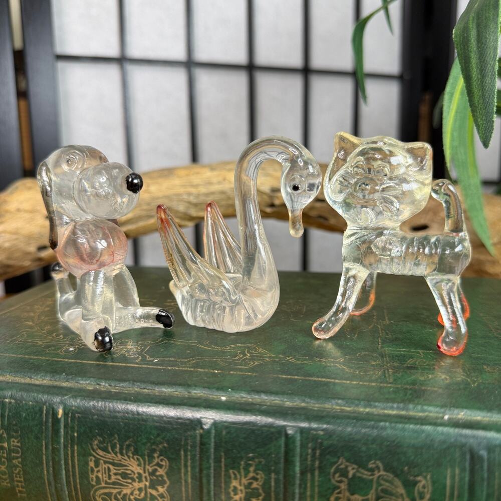 Vintage Lucite Clear Plastic Animal Figures Dog, Goose, Kitty Cat